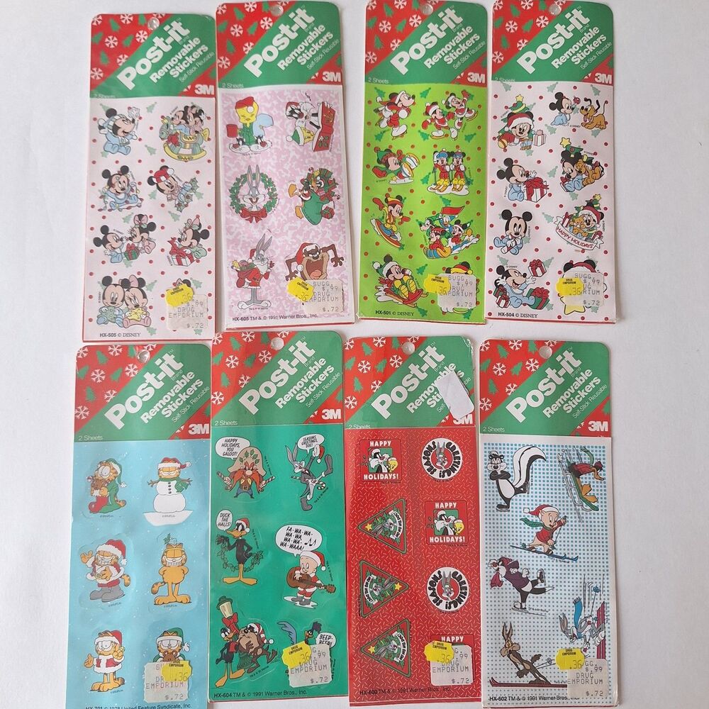 Vintage 8 packs Mickey, Looney T, Garfield, Christmas Post It Removable Stickers